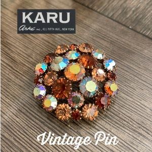 Vintage Karu Arke Multicolor Brown Rhinestone AB Round Circle Brooch Pin